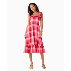 KATE SPADE Picnic Woven Ruffle Midi Dress Size Medium Pink Red Check Linen Blend